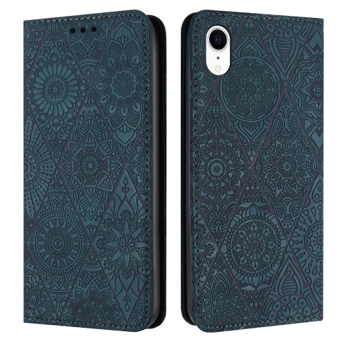 

For iPhone XR Ethnic Embossed Adsorption Leather Phone Case(Blue)