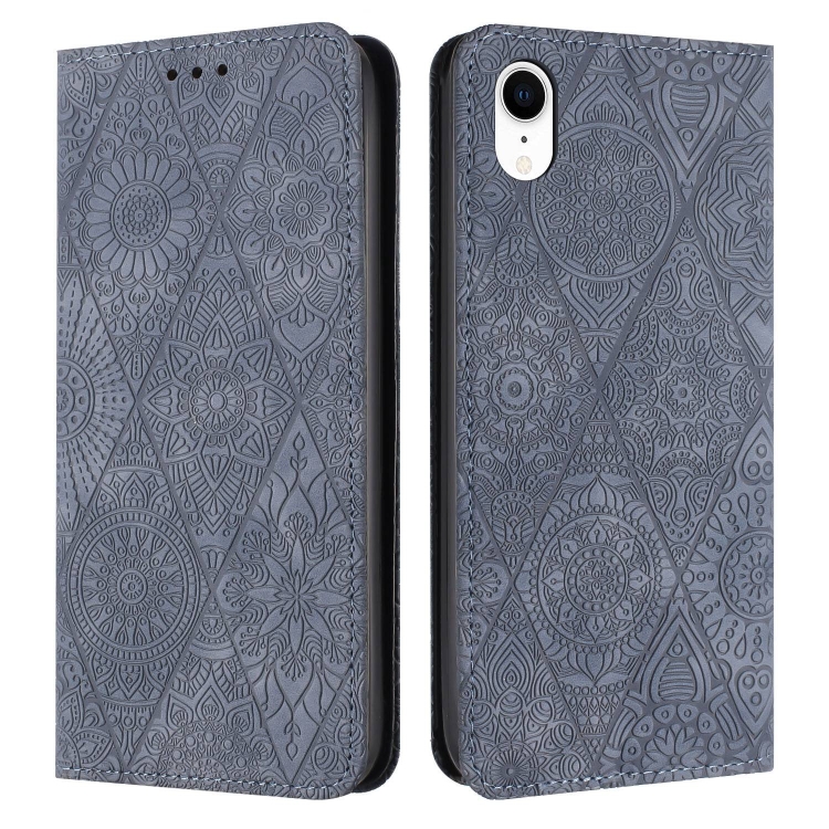 

For iPhone XR Ethnic Embossed Adsorption Leather Phone Case(Grey)