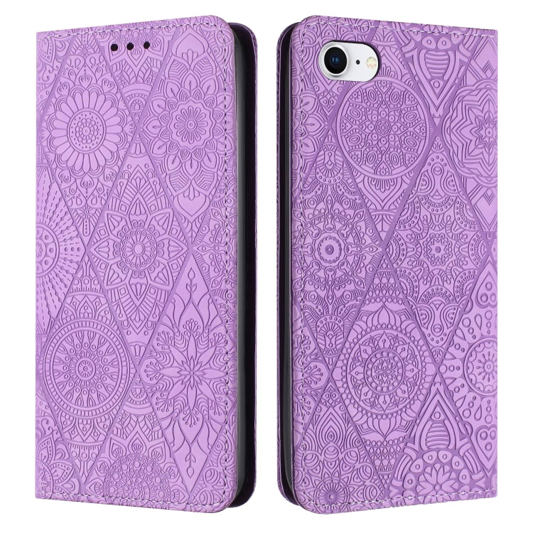 

For iPhone SE 2022 / 7 / 8 Ethnic Embossed Adsorption Leather Phone Case(Purple)