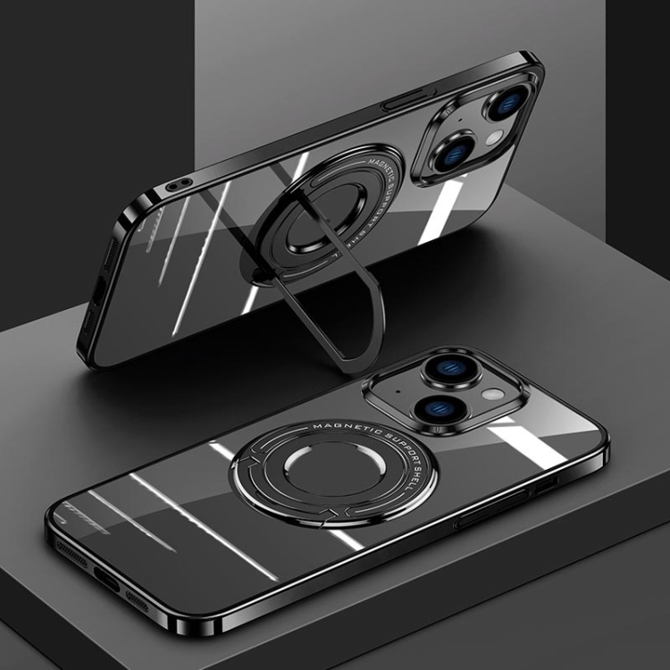 

For iPhone 14 Electroplating MagSafe Magnetic PC Phone Case with Ring Holder(Black)