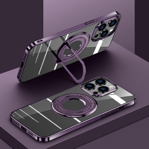 

For iPhone 14 Pro Max Electroplating MagSafe Magnetic PC Phone Case with Ring Holder(Purple)