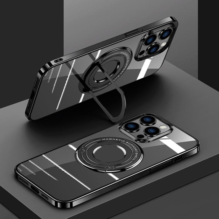 

For iPhone 13 Pro Electroplating MagSafe Magnetic PC Phone Case with Ring Holder(Black)