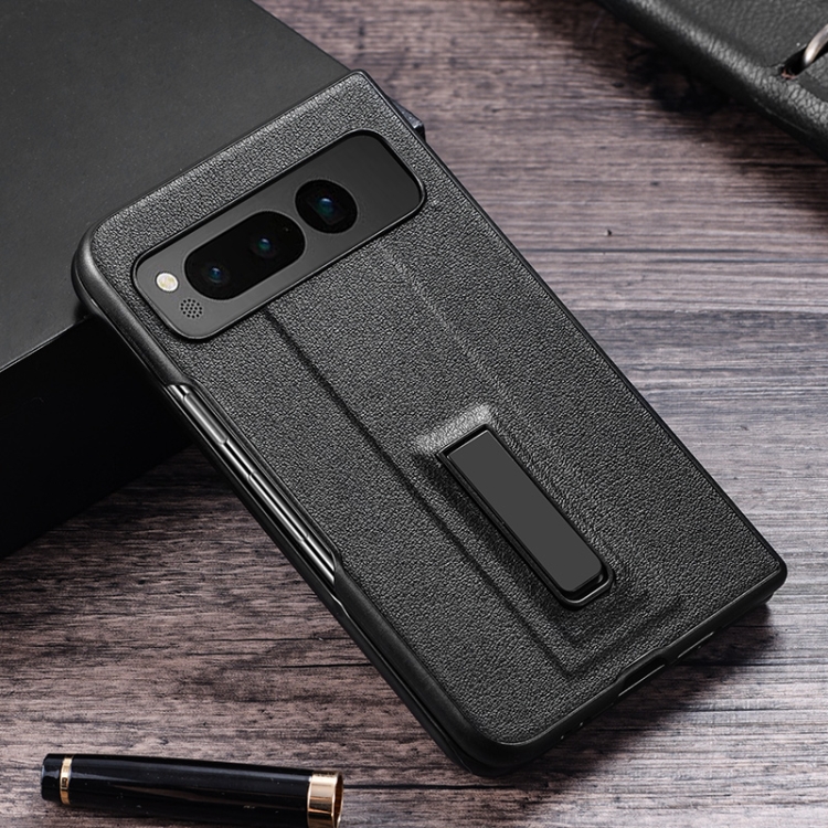 

For Google Pixel Fold PC + Leather Texture Protective Phone Case with Metal Holder(Black)