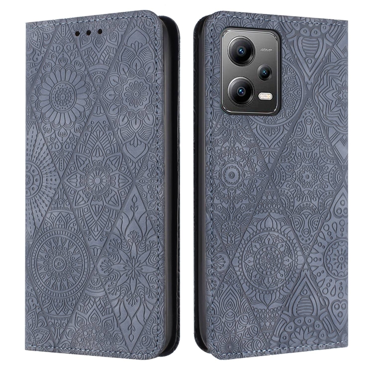 

For Redmi Note 12 5G Global Ethnic Embossed Adsorption Leather Phone Case(Grey)