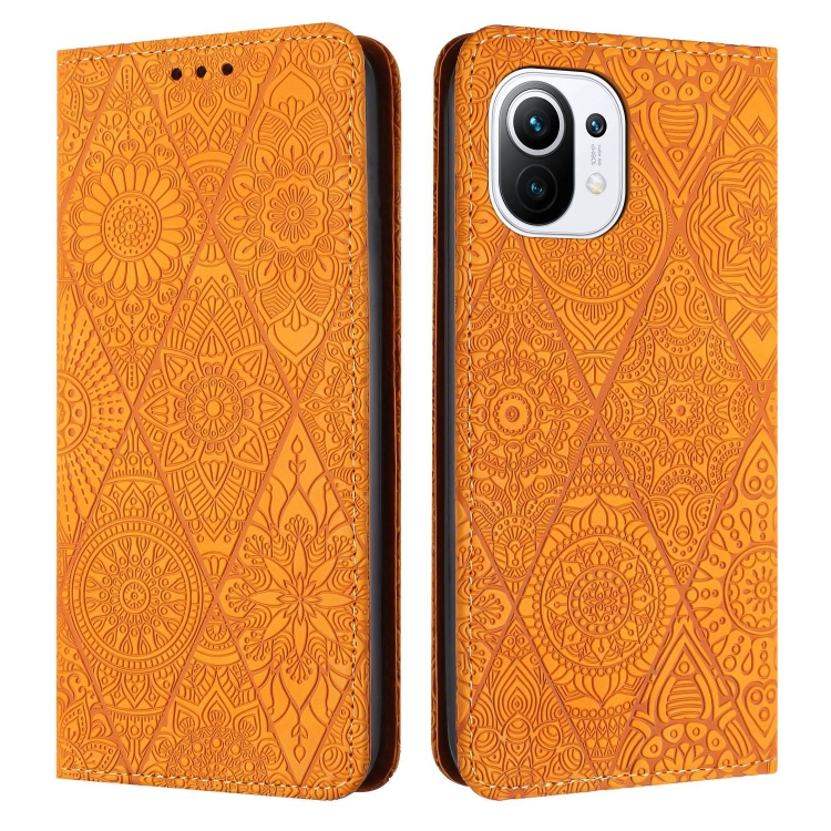 

For Xiaomi 11 Lite Ethnic Embossed Adsorption Leather Phone Case(Yellow)