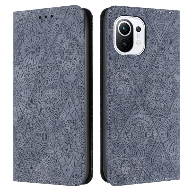 

For Xiaomi 11 Lite Ethnic Embossed Adsorption Leather Phone Case(Grey)