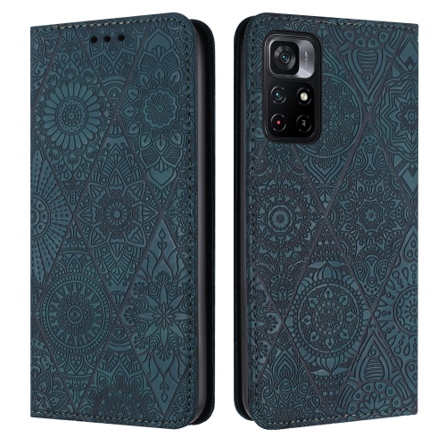 

For Xiaomi Poco M4 Pro 5G Ethnic Embossed Adsorption Leather Phone Case(Blue)