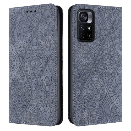 

For Xiaomi Poco M4 Pro 5G Ethnic Embossed Adsorption Leather Phone Case(Grey)