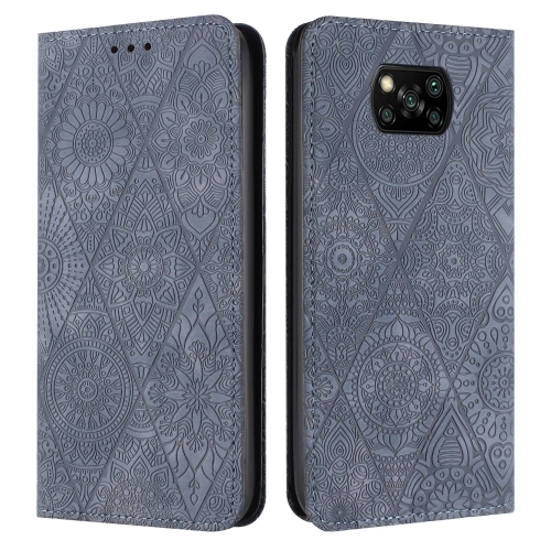 

For Xiaomi Poco X3 NFC Ethnic Embossed Adsorption Leather Phone Case(Grey)