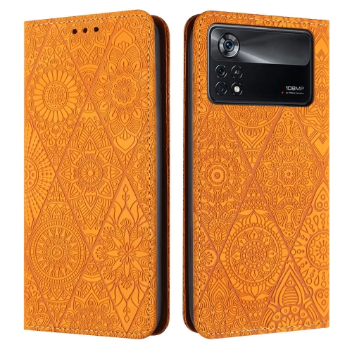 

For Xiaomi Poco X4 Pro 5G Ethnic Embossed Adsorption Leather Phone Case(Yellow)