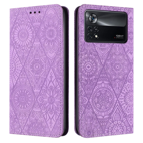 

For Xiaomi Poco X4 Pro 5G Ethnic Embossed Adsorption Leather Phone Case(Purple)