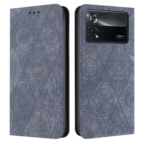 For Xiaomi Poco X4 Pro 5G Ethnic Embossed Adsorption Leather Phone Case(Grey) 2 pcs card storage box calling cards container purses visiting case wallet business holder office supplies