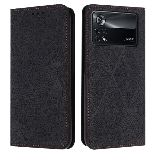 

For Xiaomi Poco X4 Pro 5G Ethnic Embossed Adsorption Leather Phone Case(Black)