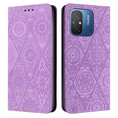 

For Xiaomi Redmi 12C Ethnic Embossed Adsorption Leather Phone Case(Purple)