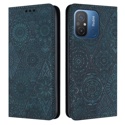 

For Xiaomi Redmi 12C Ethnic Embossed Adsorption Leather Phone Case(Blue)