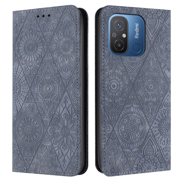 

For Xiaomi Redmi 12C Ethnic Embossed Adsorption Leather Phone Case(Grey)
