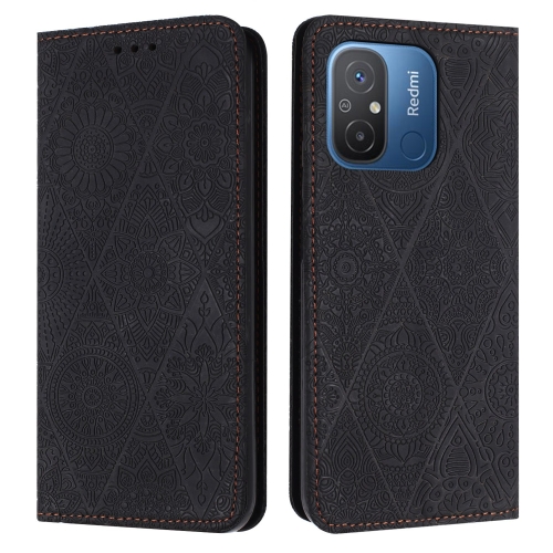 

For Xiaomi Redmi 12C Ethnic Embossed Adsorption Leather Phone Case(Black)