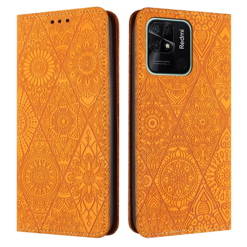 

For Xiaomi Redmi 10C Ethnic Embossed Adsorption Leather Phone Case(Yellow)
