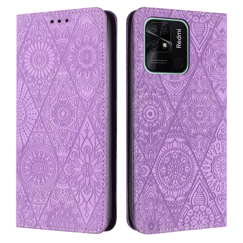 

For Xiaomi Redmi 10C Ethnic Embossed Adsorption Leather Phone Case(Purple)