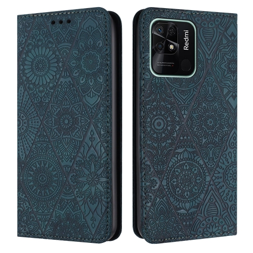 

For Xiaomi Redmi 10C Ethnic Embossed Adsorption Leather Phone Case(Blue)