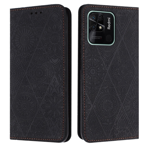 

For Xiaomi Redmi 10C Ethnic Embossed Adsorption Leather Phone Case(Black)