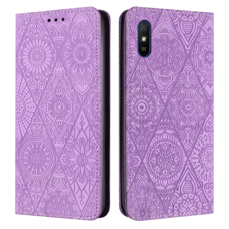 

For Xiaomi Redmi 9A Ethnic Embossed Adsorption Leather Phone Case(Purple)