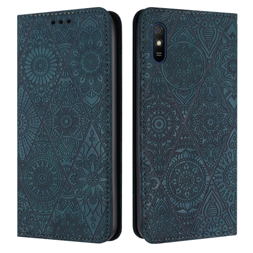 

For Xiaomi Redmi 9A Ethnic Embossed Adsorption Leather Phone Case(Blue)