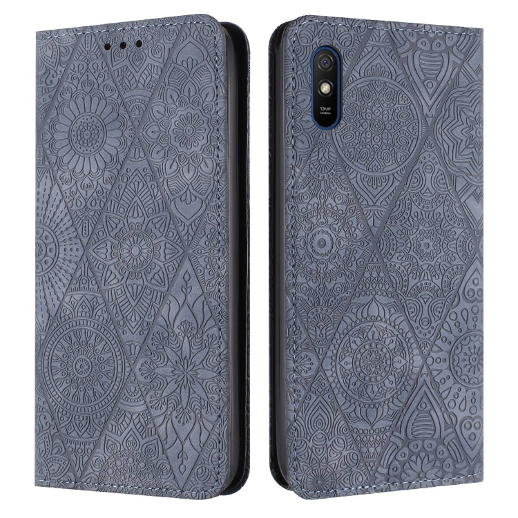 

For Xiaomi Redmi 9A Ethnic Embossed Adsorption Leather Phone Case(Grey)