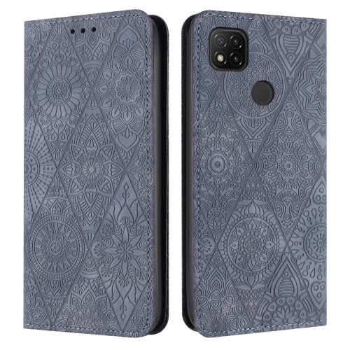 

For Xiaomi Redmi 9C / 10A Ethnic Embossed Adsorption Leather Phone Case(Grey)