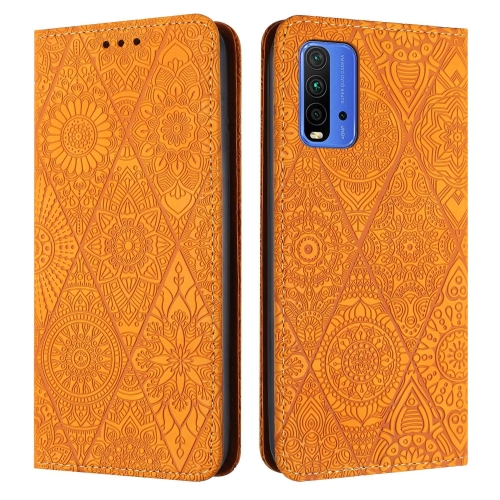 

For Xiaomi Redmi 9T Ethnic Embossed Adsorption Leather Phone Case(Yellow)