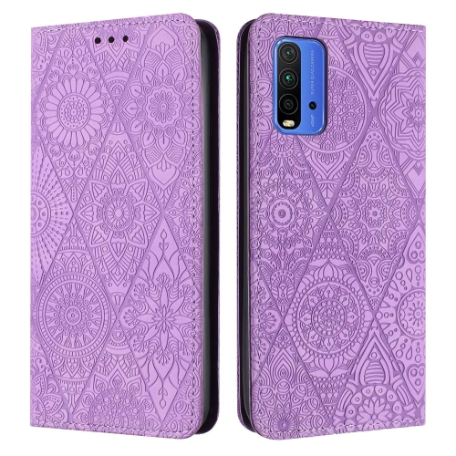 

For Xiaomi Redmi 9T Ethnic Embossed Adsorption Leather Phone Case(Purple)