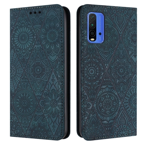 

For Xiaomi Redmi 9T Ethnic Embossed Adsorption Leather Phone Case(Blue)