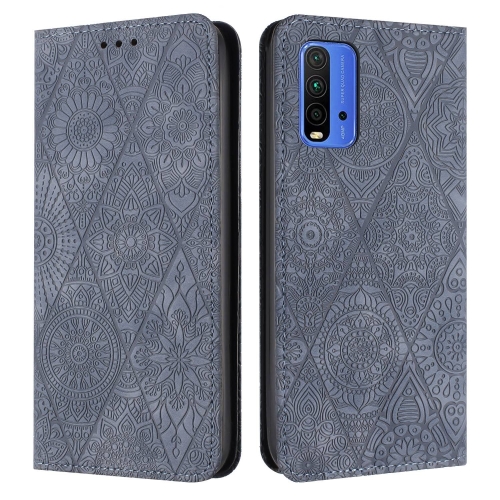 

For Xiaomi Redmi 9T Ethnic Embossed Adsorption Leather Phone Case(Grey)