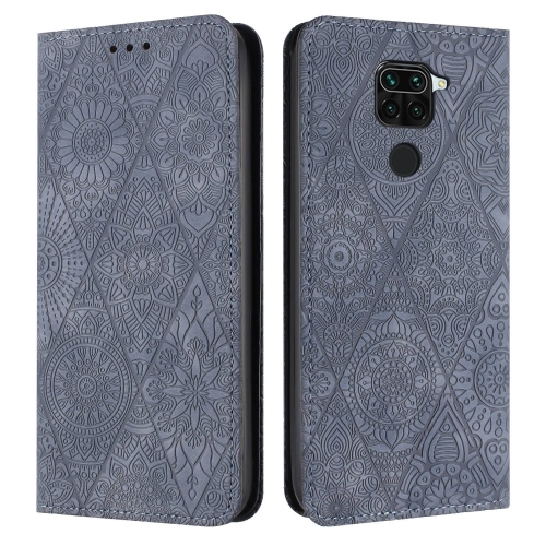 

For Redmi Note 9 Ethnic Embossed Adsorption Leather Phone Case(Grey)