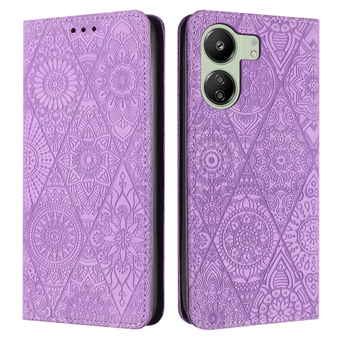 For Xiaomi Redmi 13C Ethnic Embossed Adsorption Leather Phone Case(Purple) 48mp hd video recording camera optika trinocular microscope education phone microscope for electronic pcb repair favorable