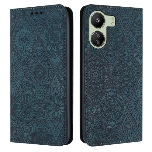 

For Xiaomi Redmi 13C Ethnic Embossed Adsorption Leather Phone Case(Blue)