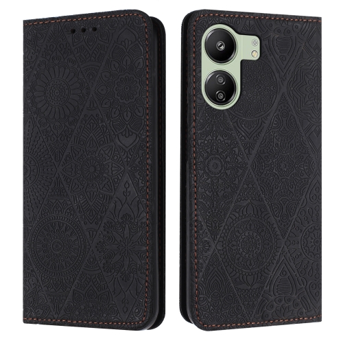 

For Xiaomi Redmi 13C Ethnic Embossed Adsorption Leather Phone Case(Black)