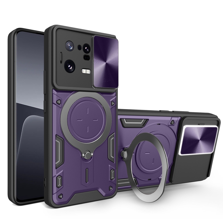 

For Xiaomi 13 Pro CD Texture Sliding Camshield Magnetic Holder Phone Case(Purple)