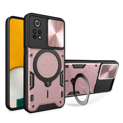 For Xiaomi Poco X4 Pro 5G CD Texture Sliding Camshield Magnetic Holder Phone Case(Pink)