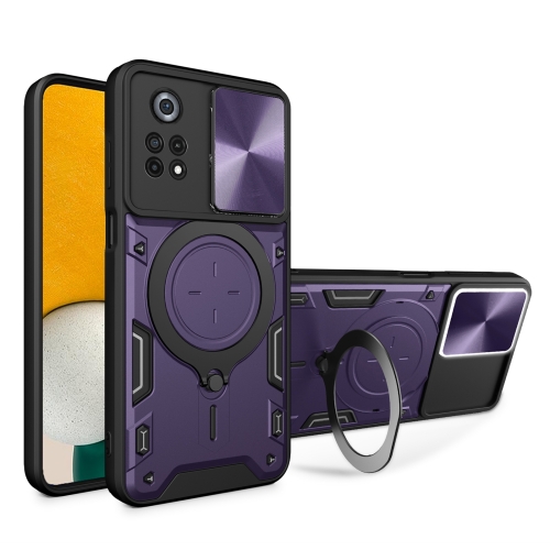 

For Xiaomi Poco X4 Pro 5G CD Texture Sliding Camshield Magnetic Holder Phone Case(Purple)