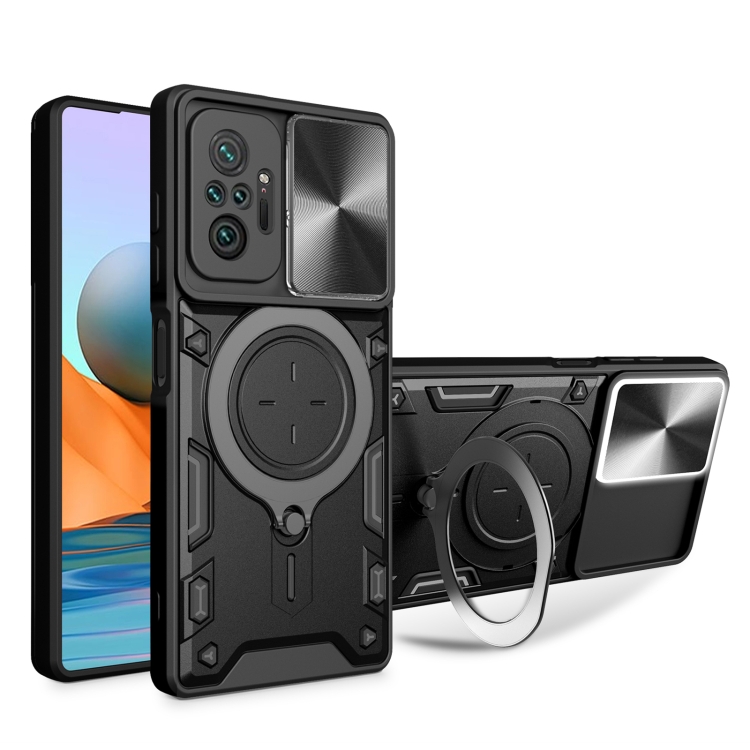 

For Xiaomi Redmi Note 10 Pro 4G CD Texture Sliding Camshield Magnetic Holder Phone Case(Black)