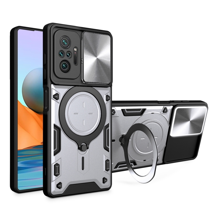 

For Xiaomi Redmi Note 10 Pro 4G CD Texture Sliding Camshield Magnetic Holder Phone Case(Silver)