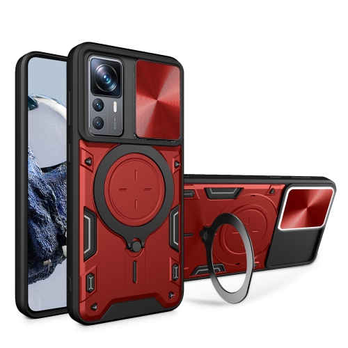 

For Xiaomi 12T / 12T Pro CD Texture Sliding Camshield Magnetic Holder Phone Case(Red)