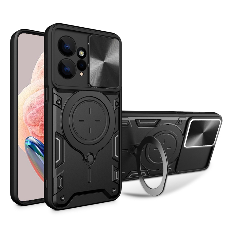 

For Xiaomi Redmi Note 12 4G CD Texture Sliding Camshield Magnetic Holder Phone Case(Black)