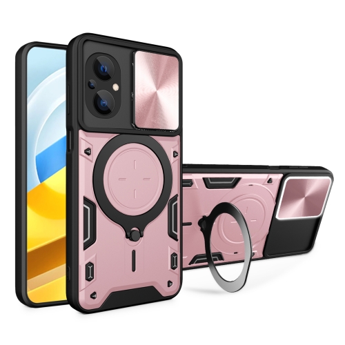 

For Xiaomi Poco M5 5G CD Texture Sliding Camshield Magnetic Holder Phone Case(Pink)