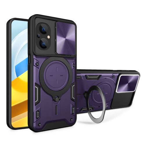

For Xiaomi Poco M5 5G CD Texture Sliding Camshield Magnetic Holder Phone Case(Purple)