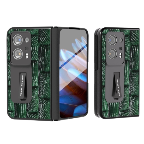 

For OPPO Find N2 ABEEL Integrated Genuine Leather Mahjong Texture Series Phone Case with Holder(Green)