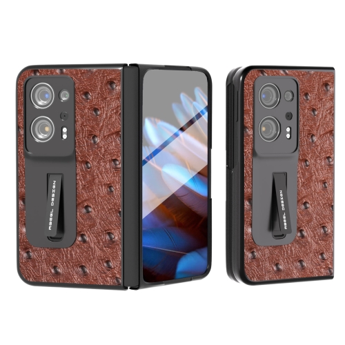 

For OPPO Find N2 Integrated Genuine Leather Ostrich Texture Phone Case with Holder(Coffee)