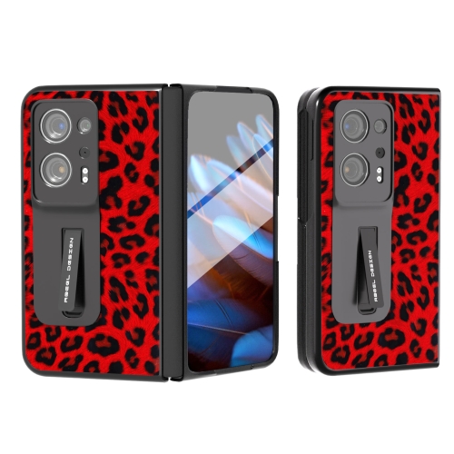 

For OPPO Find N2 ABEEL Integrated Black Edge Leopard Phone Case with Holder(Red)