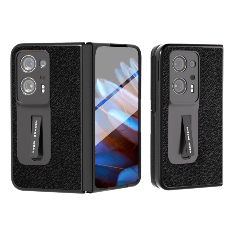 

For OPPO Find N2 ABEEL Integrated Black Edge Genuine Leather Mino Phone Case with Holder(Black)